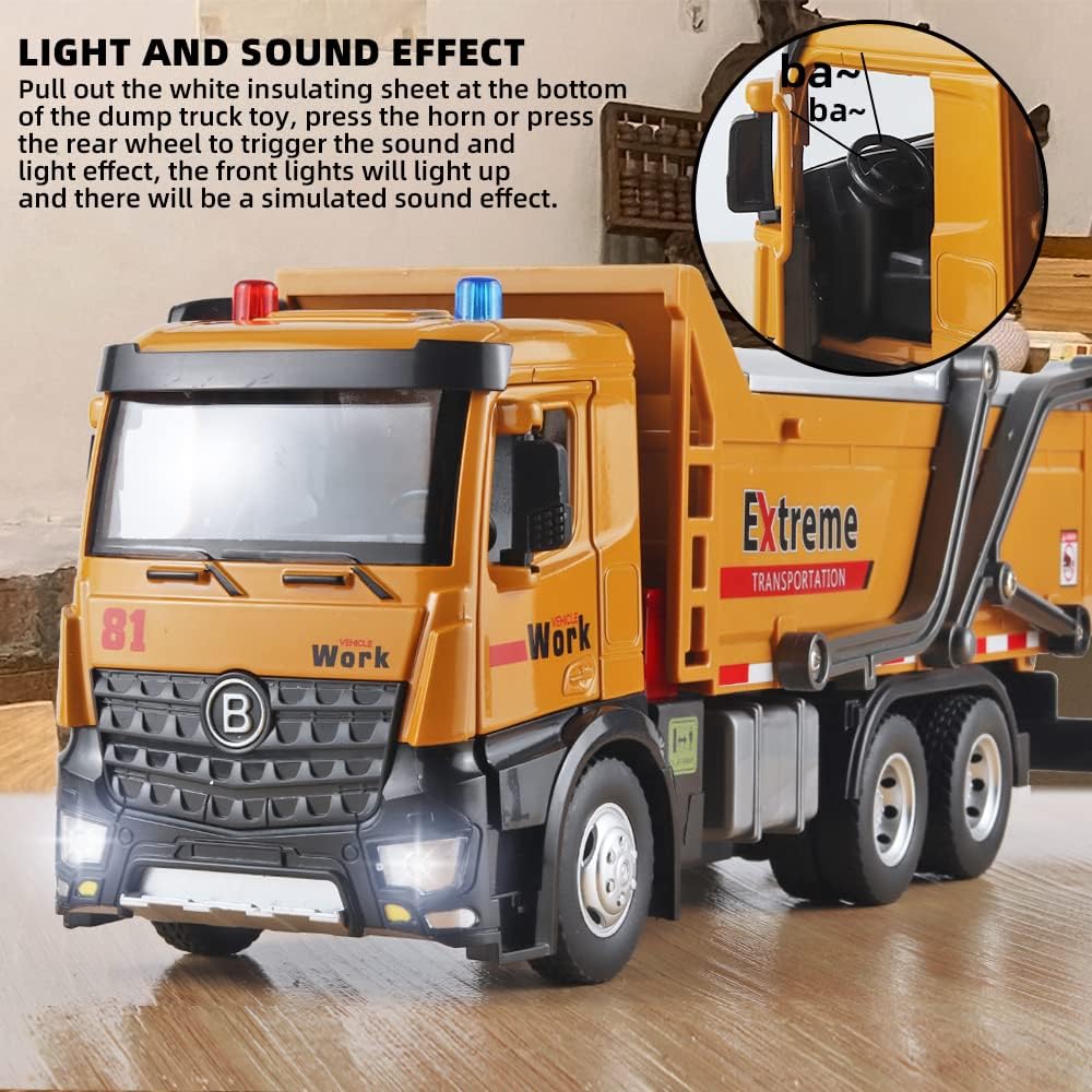 OANMYJJO Children Dump Truck Toy Metal DieCast Construction Trucks,Construction Toys with Simulated Sounds and Lights,Dump Truck Toy with Openable Rear Hood,Dump Trucks for Boys Age 4-7