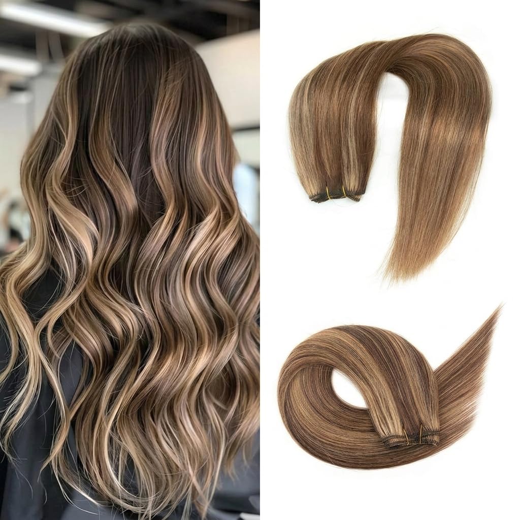 Weft Hair Extensions Human Hair Silky Straight Brown Highlight Honey 14 Inch Sew in Hair Bundles 50g
