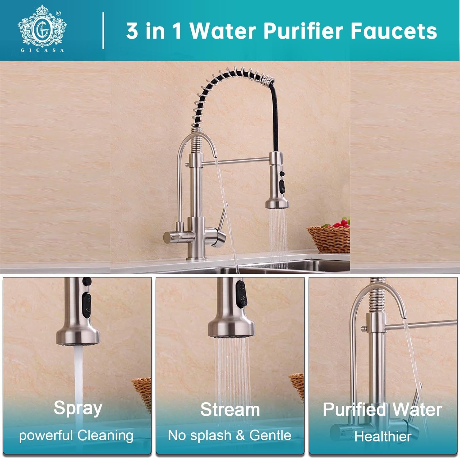 Commercial 3 in 1 Spring Brushed Nickel Kitchen Faucet, High Arc Single Hole Pull Down Sprayer Kitchen Sink Faucet, RO System Water Filter Faucet Integrated into Kitchen Faucet
