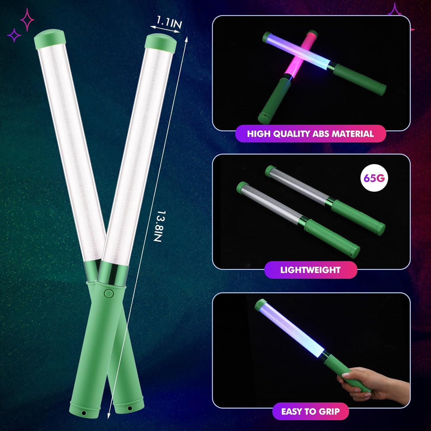 Glooglitter 12 Pcs Glow Sticks Reusable 15 Colors LED Light up Stick Bulk Glow in the Dark Party Supplies Flashing Bright Lightsticks with Aaa Battery Powered for Concert Halloween Carnival (Green)