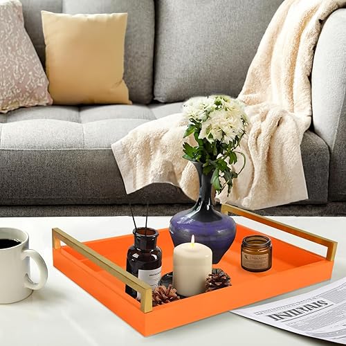 Miniatura 2 de MAONAME Bandeja decorativa naranja, bandeja para servir con asas de metal, bandeja rectangular de madera para otomana, moderna bandeja de mesa