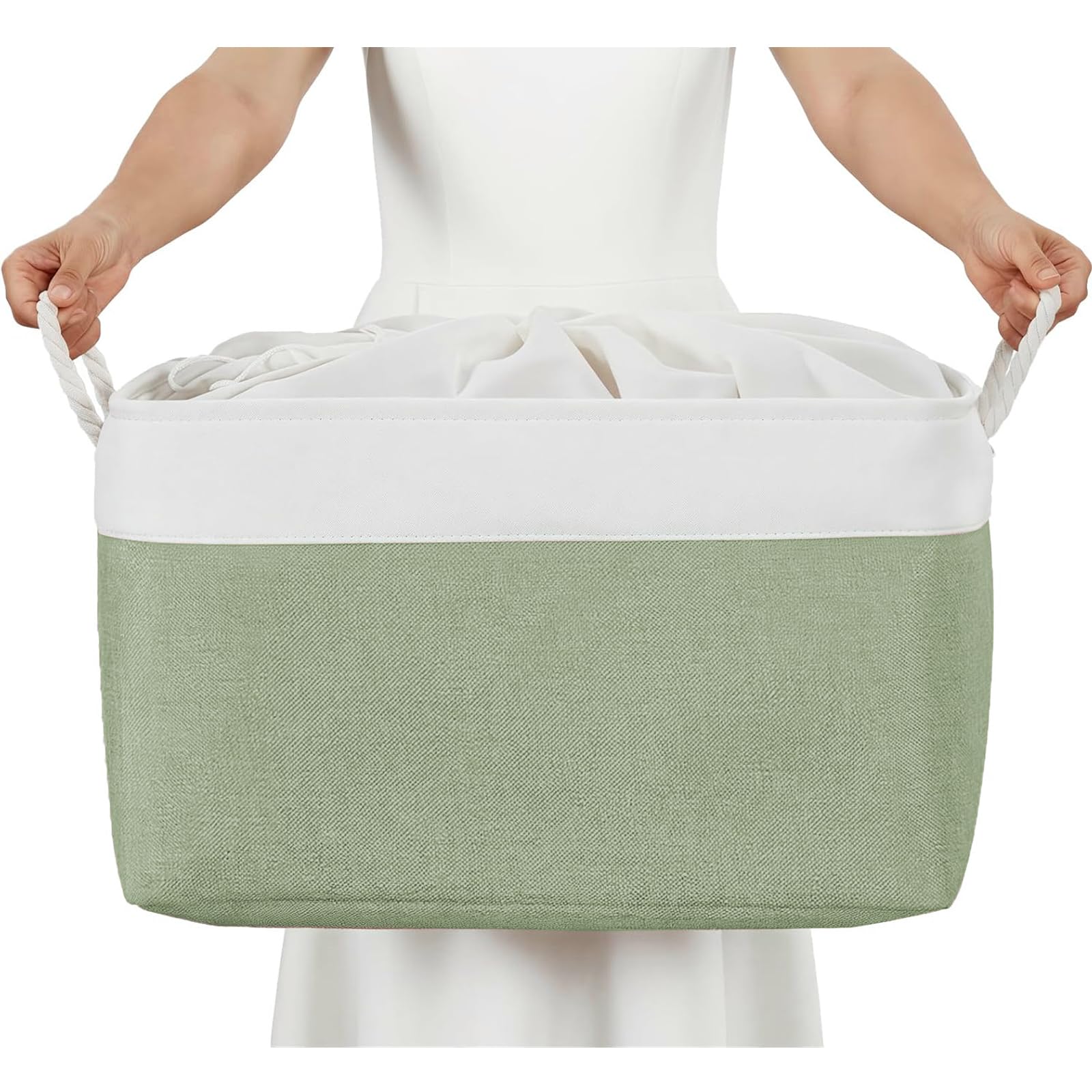 Mangata Soft Fabric Storage Basket with Handles, Multi-Size, Rectangular Linen Organiser Box for Shelf & Wardrobe, 50x40x30 cm, Green & White (XXLarge, 1 Pack)