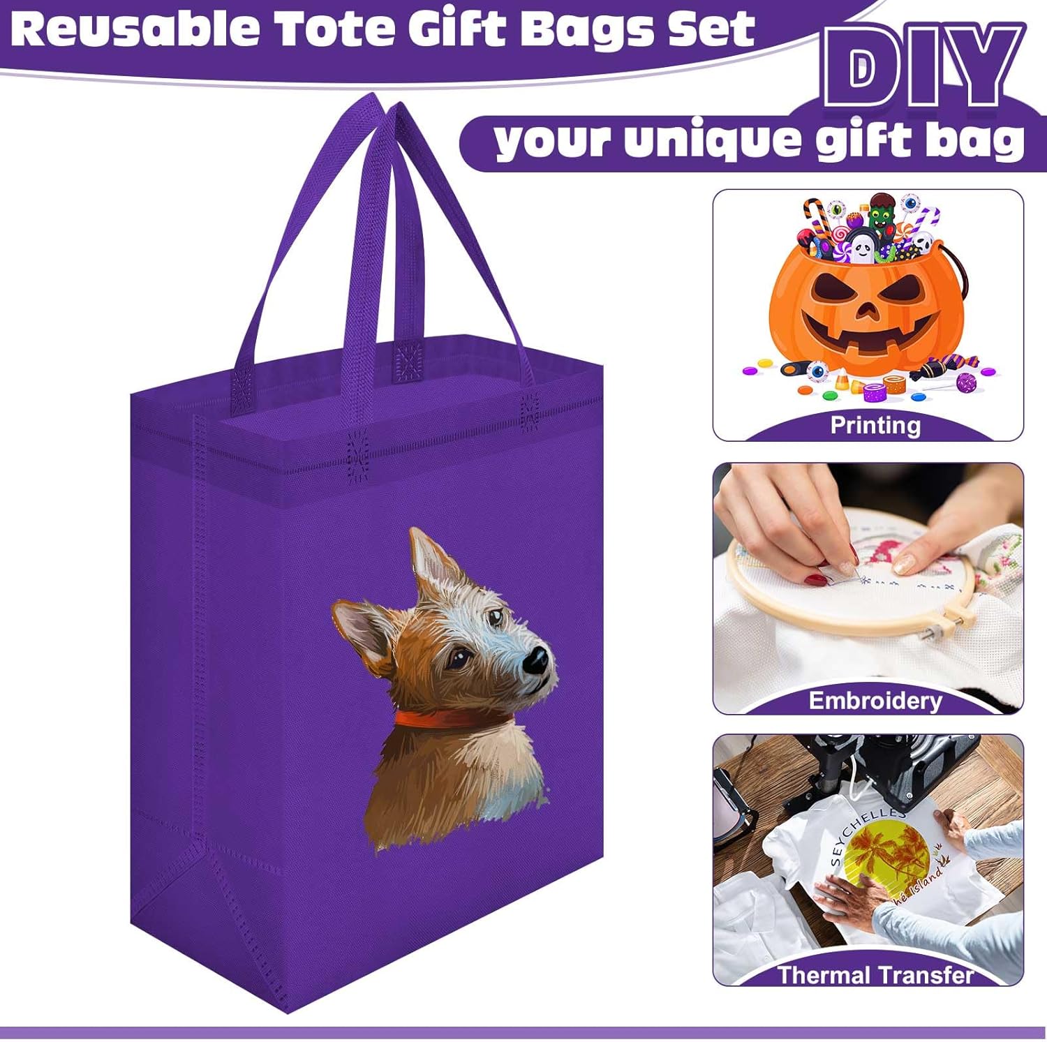 Windyun 100 Pcs Reusable Tote Bag Bulk 8 x 4 x 10 Inch Non Woven Shopping Bag with Handle Christmas Reusable Grocery Gift Tote (Dark Purple)