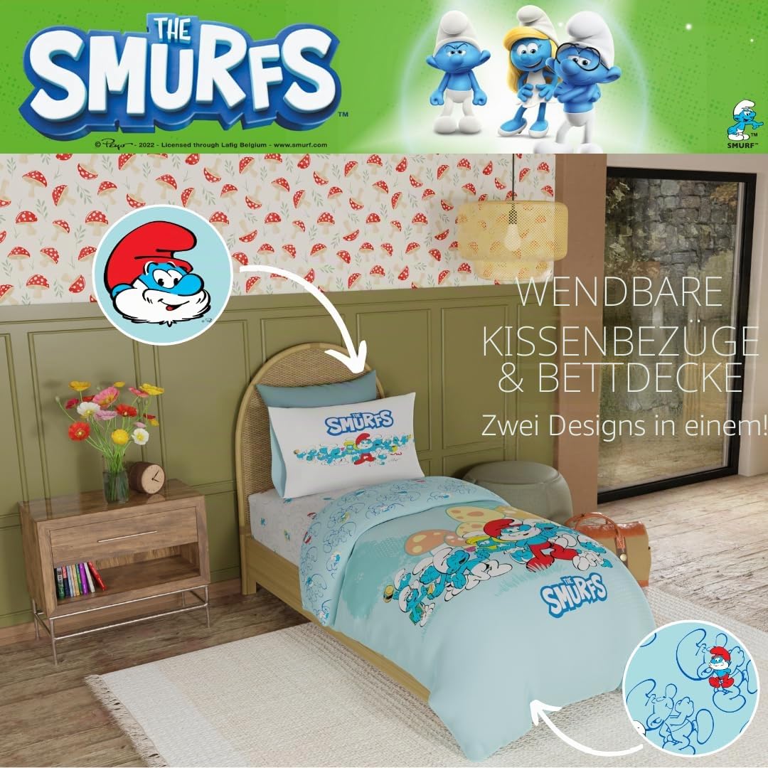 Franco Kinder-Bettwäsche-Set, superweich, kuschelig, wendbare Bettdecke und Laken, offizielles Lizenzprodukt, Die Schlümpfe, Einzelbettgröße, 4-teilig