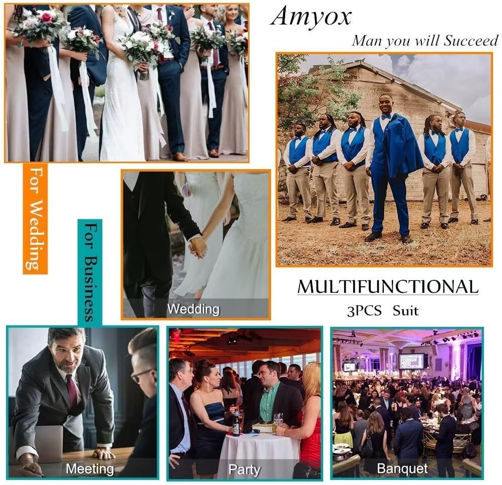 Men's Slim Fit 2 Piece Suit, Two Button Solid Suit Jacket Pants Set, Wedding Prom Suit - Image 6