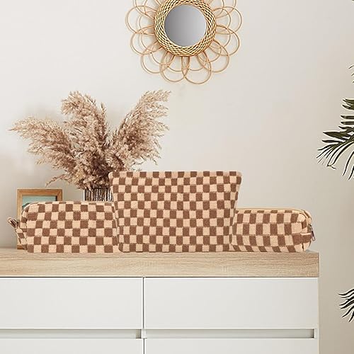 Miniatura 5 de Bolsas de maquillaje a cuadros, bolsa de cosméticos a cuadros, 3 piezas, bolsa de artículos de aseo estéticos portátiles, bolsa de accesorios