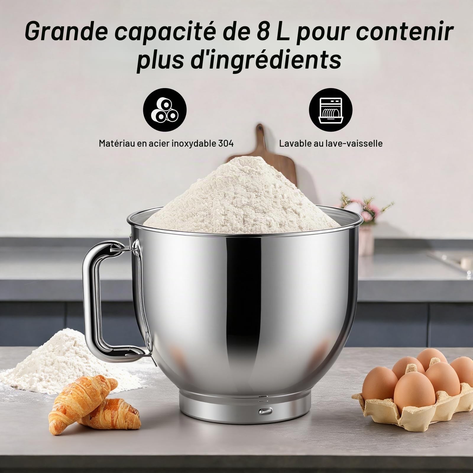 CHeflee Robot Pâtissier 2000W Robot de Cuisine 8 L Bol d'Acier Inoxydable,6 Vitesses avec Fonction Pulse avec Fouet Crochet Pétrisseur et Batteur,Housse anti-Poussière