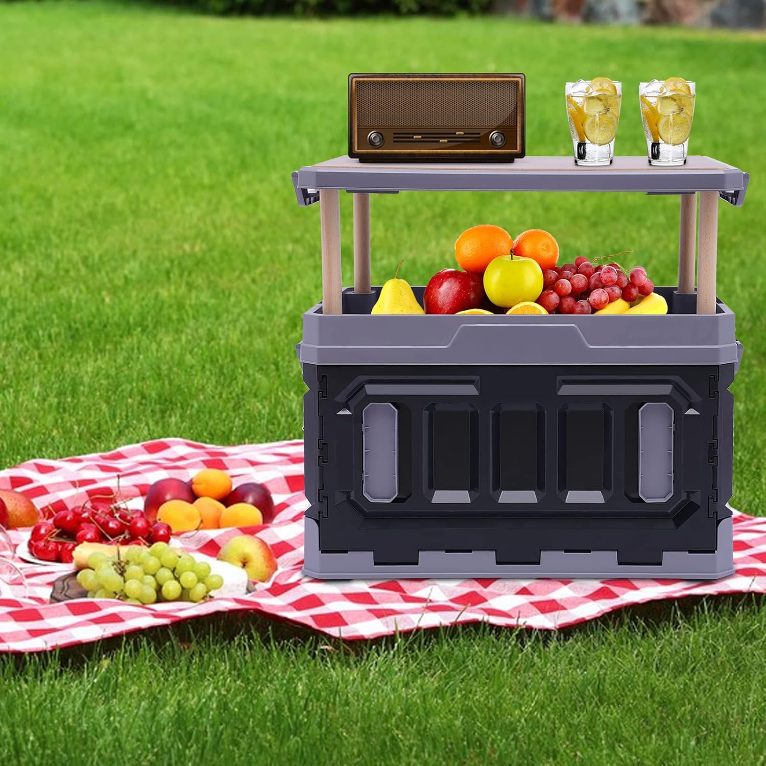 Storage Box, 3 Layers Raised 95 L Folding Table, Portable Foldable Stackable Food Container Box, Picnic Camping Outdoor BBQ Organizer Bins, Black&Grey