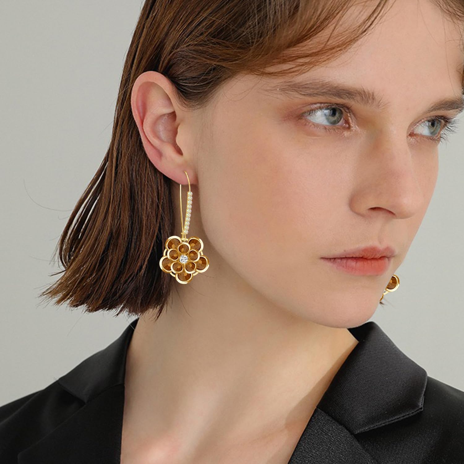 14K Gold Bohemian Sparkly Crystal Flower Dangle Drop Earrings Lightweight Rhinestone Camellia Flower Floral Hoop Earring for Women - Image 4