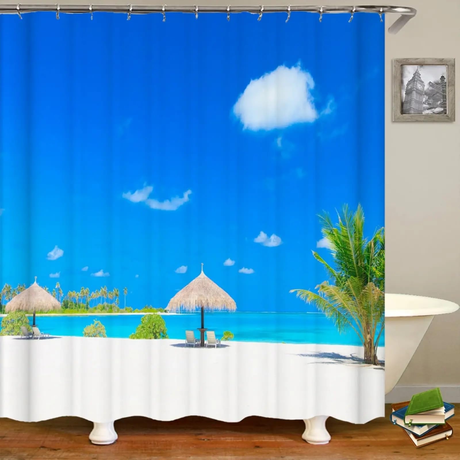 Rideau de douche imprimé paysage plage imperméable 165x214 cm