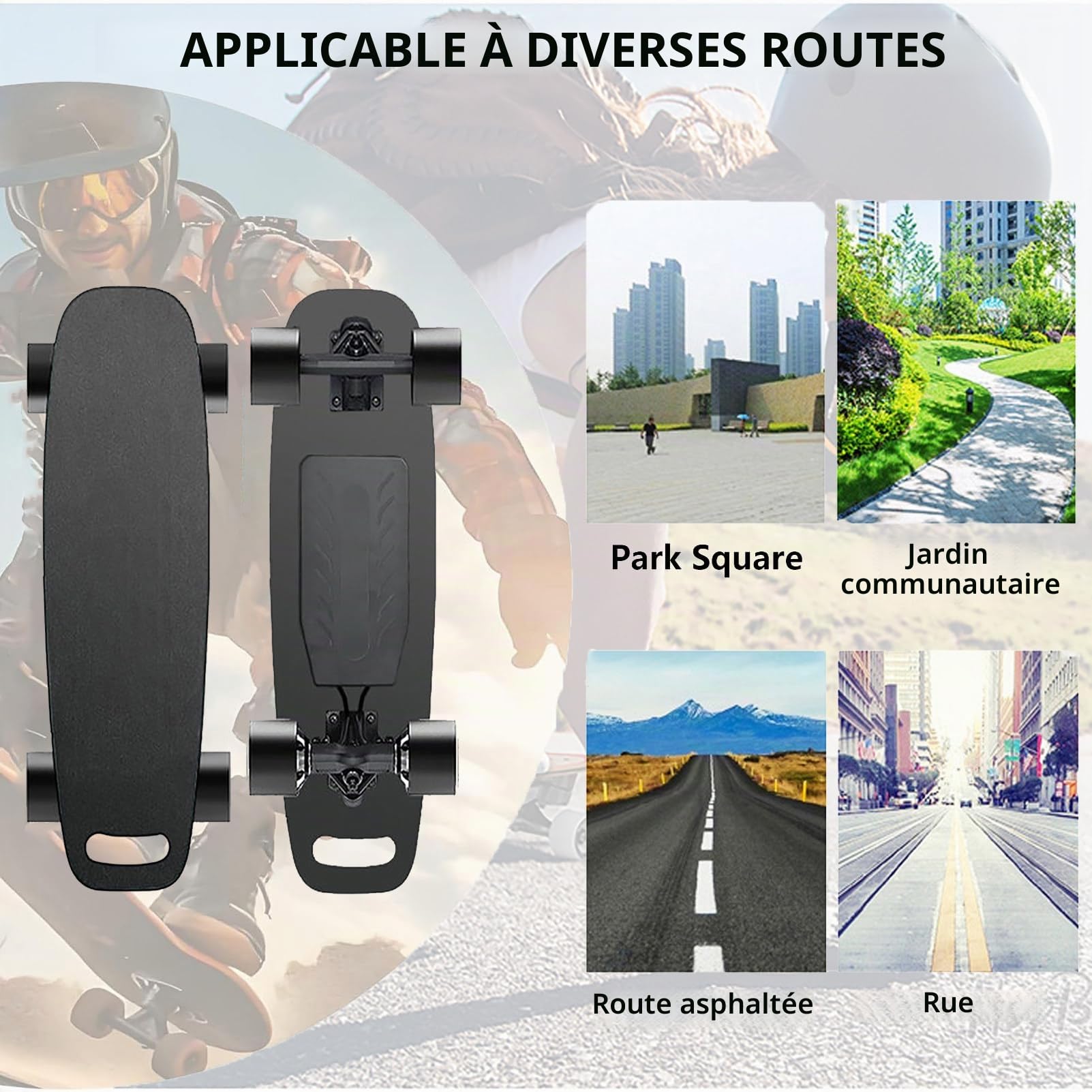 Skateboard Électrique Tout-Terrain pour Adulte Longboard 4 Roues Amortissantes Moteurs Moyeux, Autonomie Simple 8-22 Km, Double Autonomie 15-30 Km, Charge Maximale 100-200 Kg DualDrive-22km