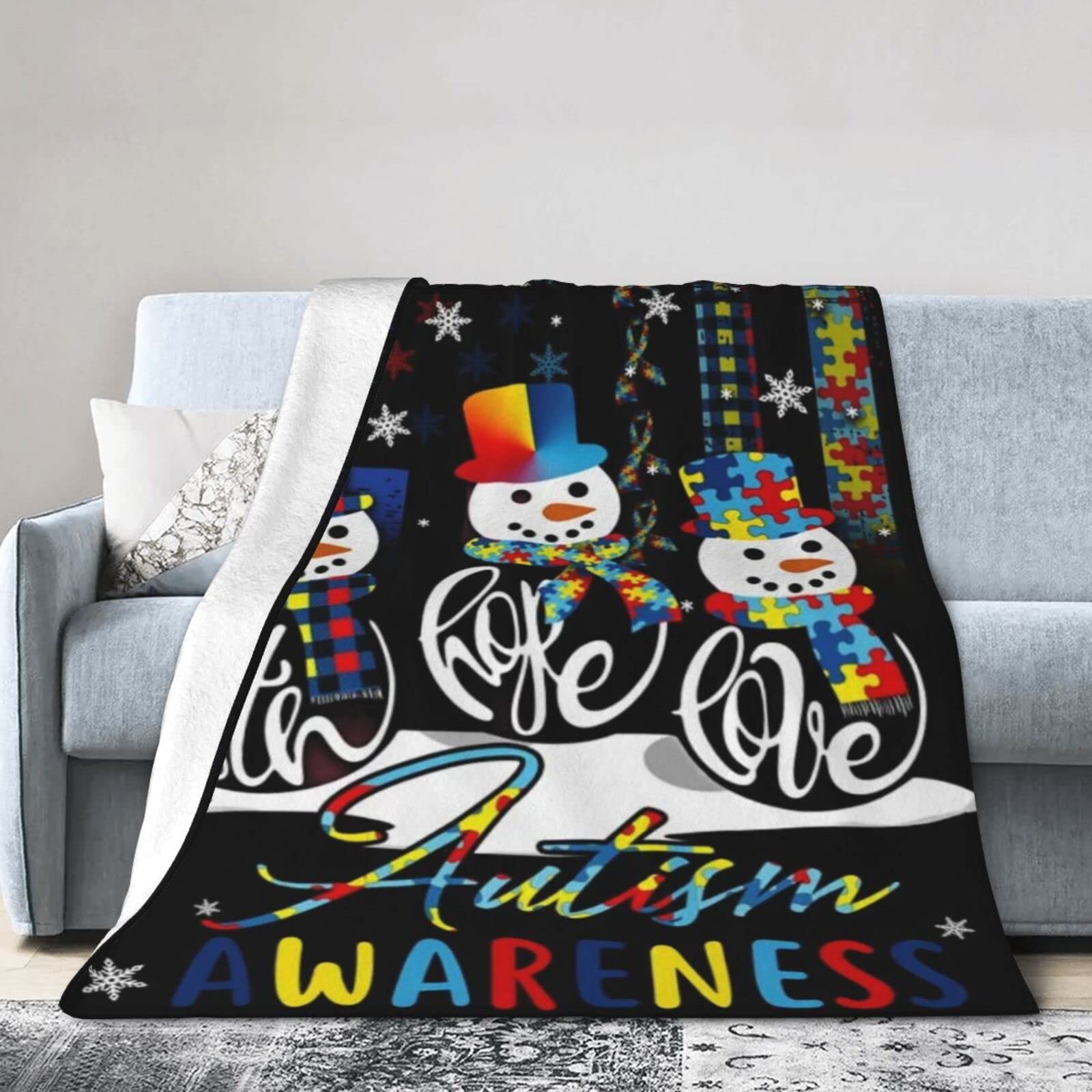 Lsjuee Christmas Flannel Fleece Blanket 50"X40" Faith Hope Love Autism Awareness Snowman Christmas Black Bed Throw Blanket Weighted Ultra-Soft Travel Winter Blankets for Boys Keep Warm