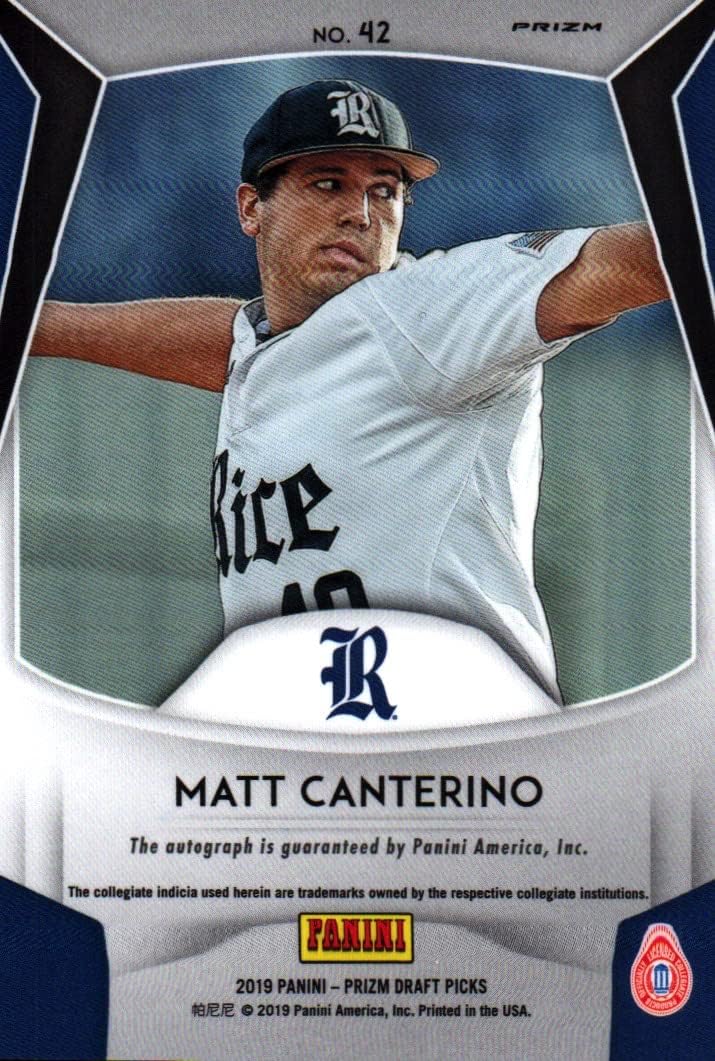 Matt Canterino Autographed Prizm Rookie Collectible Baseball Card - 2019 Panini Prizm Rookie Baseball Card #42 (Rice University) Free Shipping & Tracking