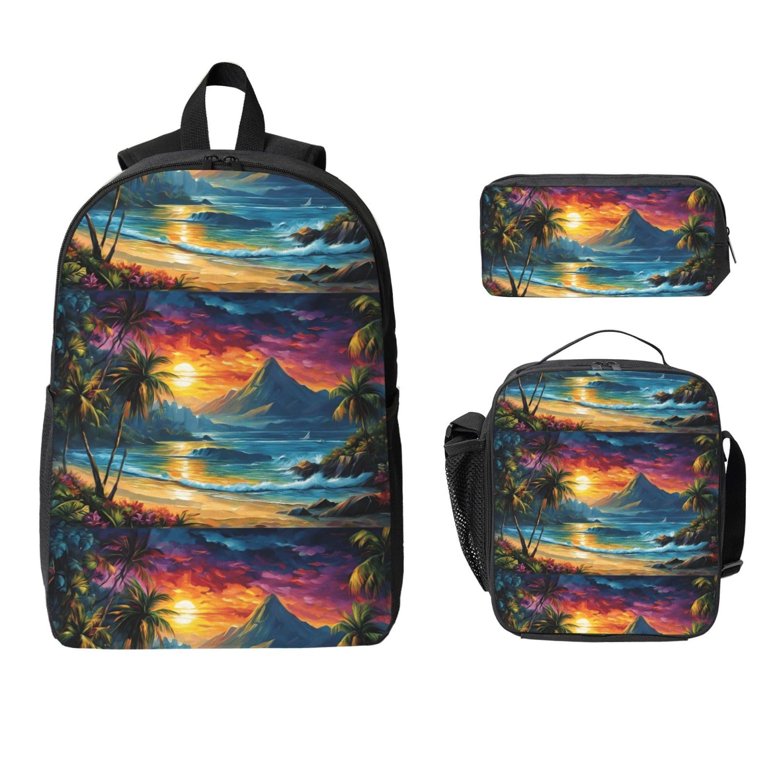 Set zaino con stampa palma di cocco con borsa per il pranzo e astuccio | Confezione combinata minimalista per adolescenti, borsa termica per cancelleria, uso quotidiano all'aperto