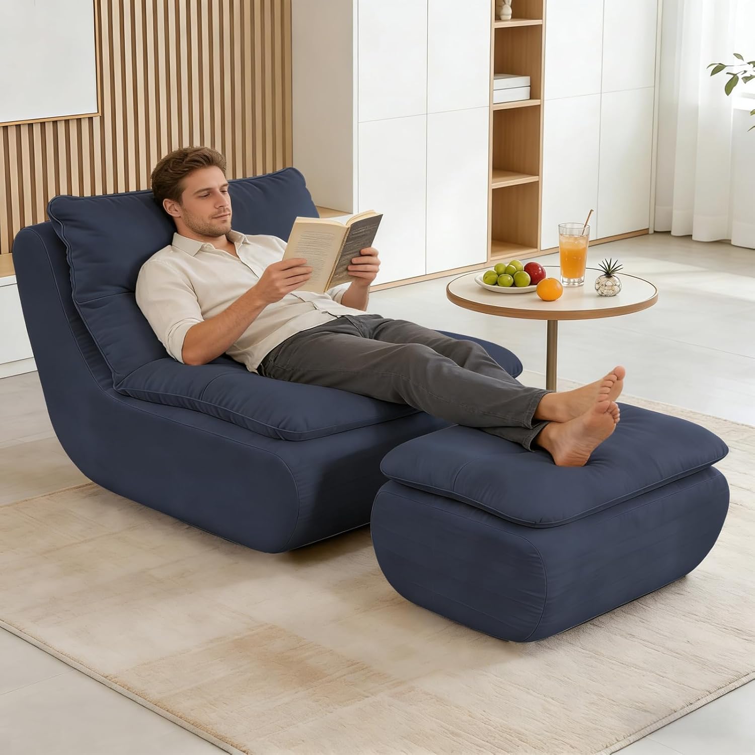 Bean Bag Chair with Ottoman, Large Memory Foam Filled Lazy Floor Sofa for Adults and Kids, Big Beanbag Chair for Bedroom Living Room, Navy Blue