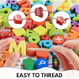 BMTOYS Wooden Lacing Toy Alphabet Number Threading Beads for Boys Girls Age 3 4 5 6 Montessori Educational Learning Birthday Gift