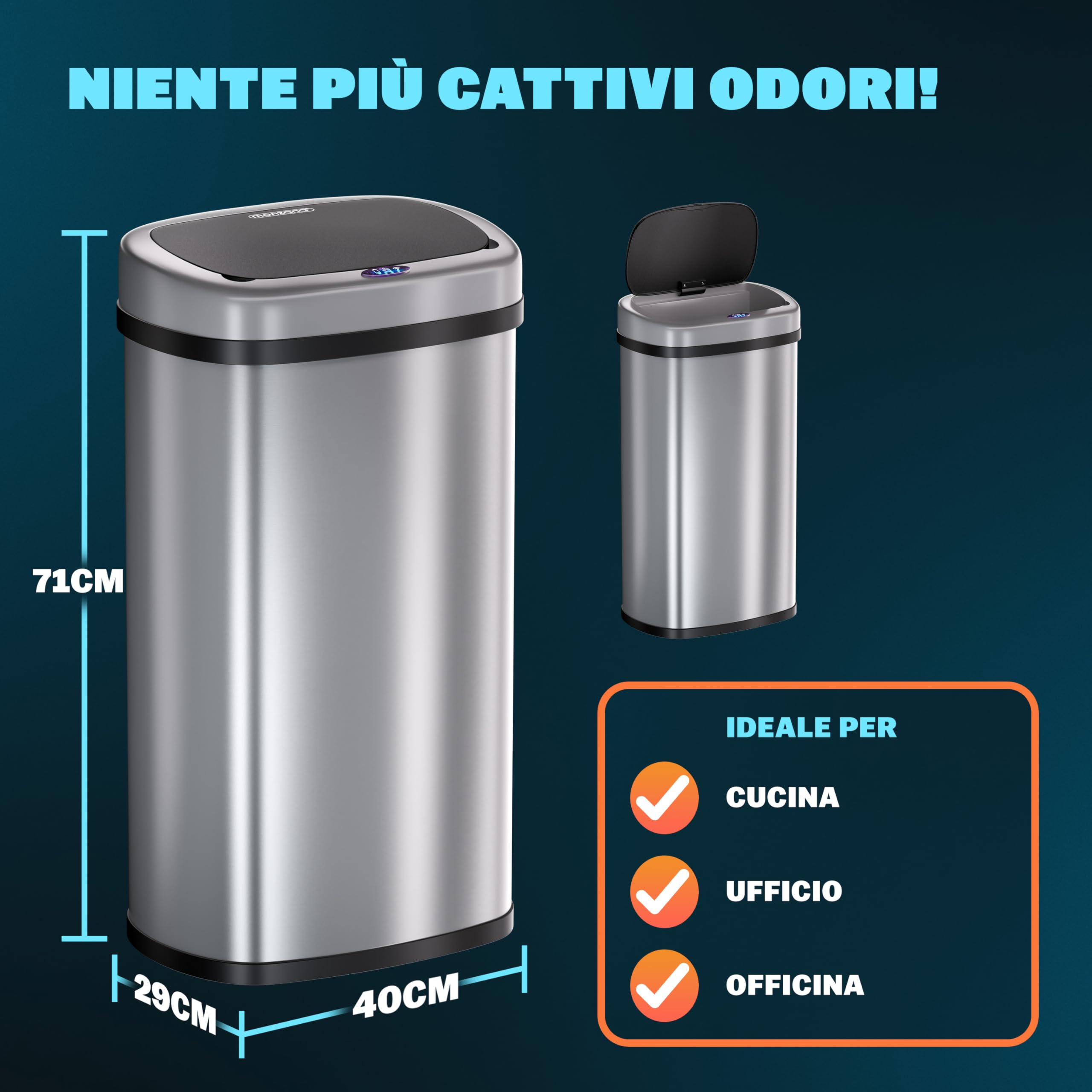 Monzana® Cestino 58L con Sensore Automatico Movimento Display LED Pattumiera Rifiuti Smart Bidone Intelligente Cavo USB