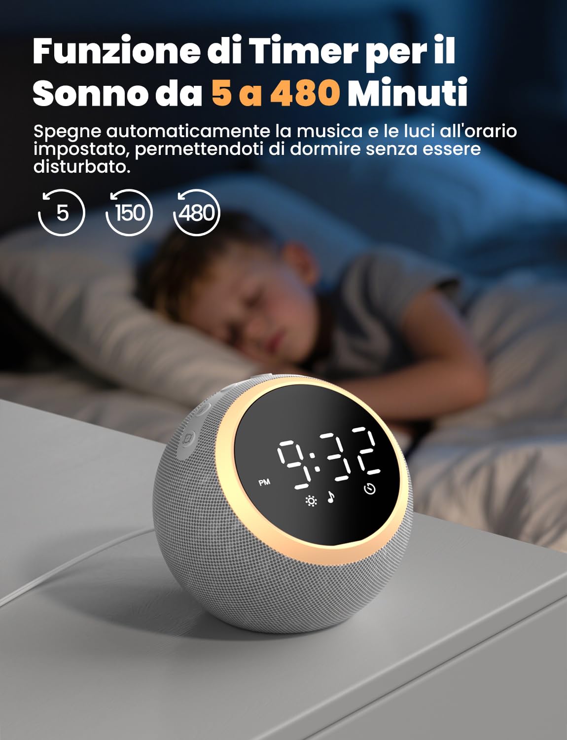 LIORQUE Sveglia con Rumore Bianco e Luce, Macchina Rumore Bianco, 25 Suoni Rilassanti, Volume Regolabile e Luce Notturna, Timer di Spegnimento, Ideale per Neonati, Bambini e Adulti