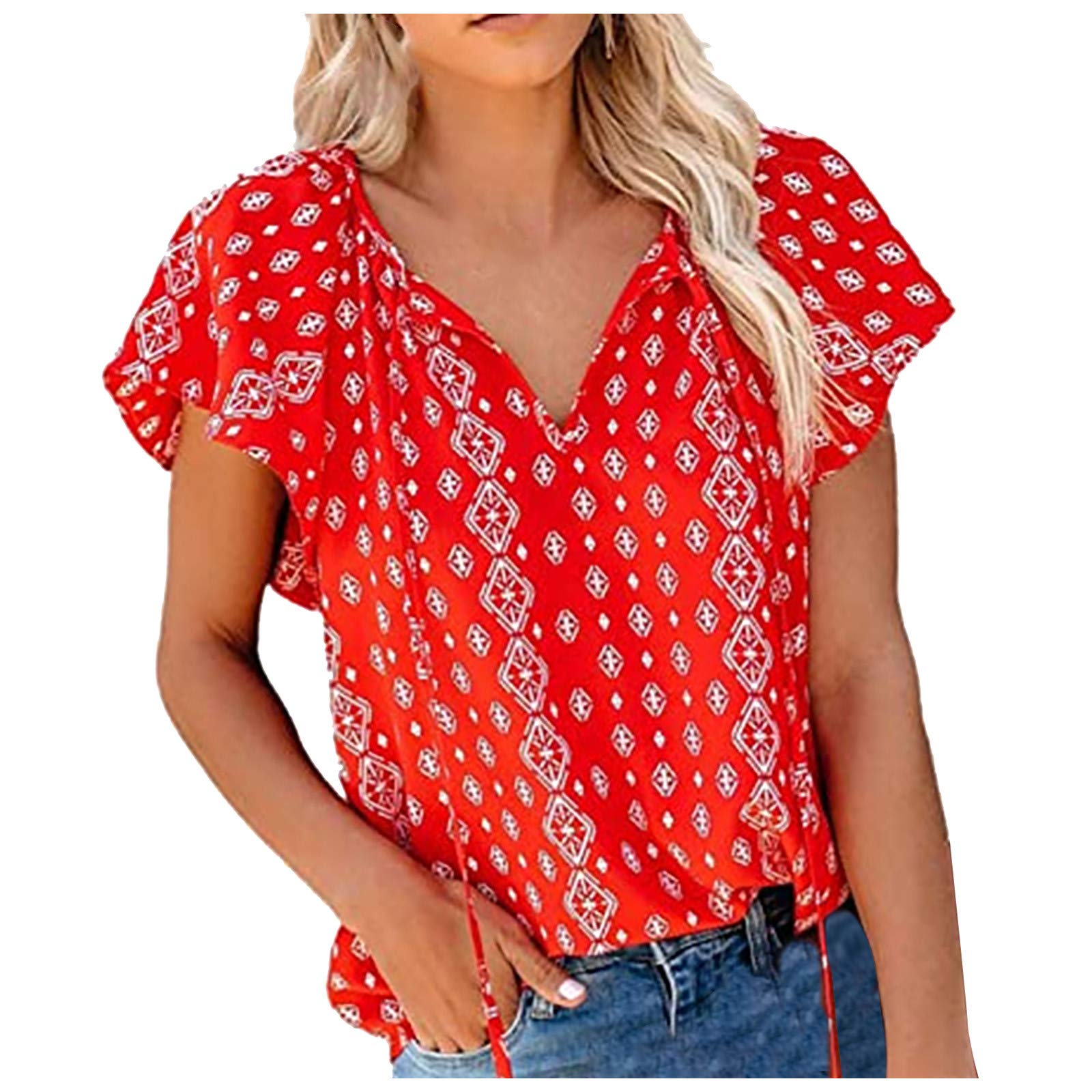 Bl𝐚ck and White Tops for Women Women Blouse TopDot Print Stylish T-Shirts (Red, XXL)
