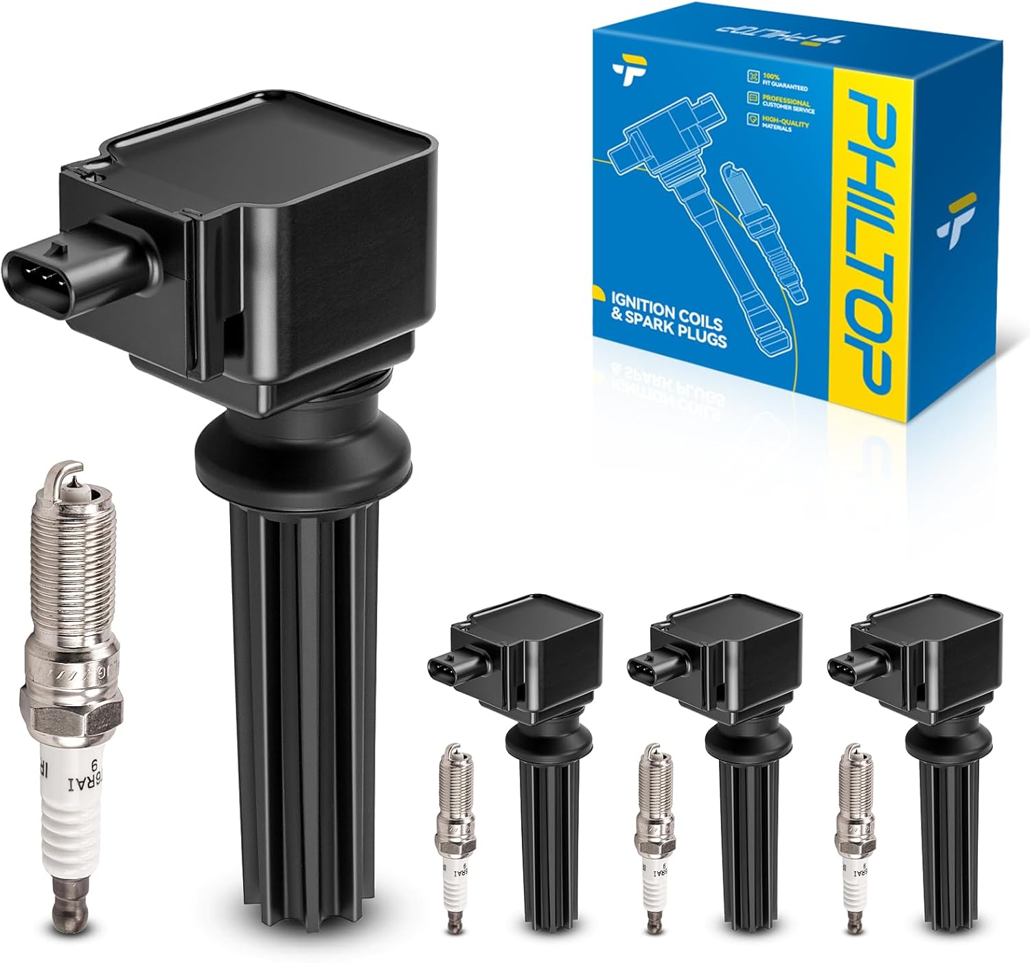 PHILTOP Ignition Coil Pack and Iridium Spark Plugs Fits for Ford 2012-2018 Focus 2.0L/2.0T/2.3T, 2013-2019 Escape 2.0T, 2012-2018 Edge 2.0T, 2013-2020 Fusion 2.0T, 2015-2020 2023 Mustang, 4PCS UF670