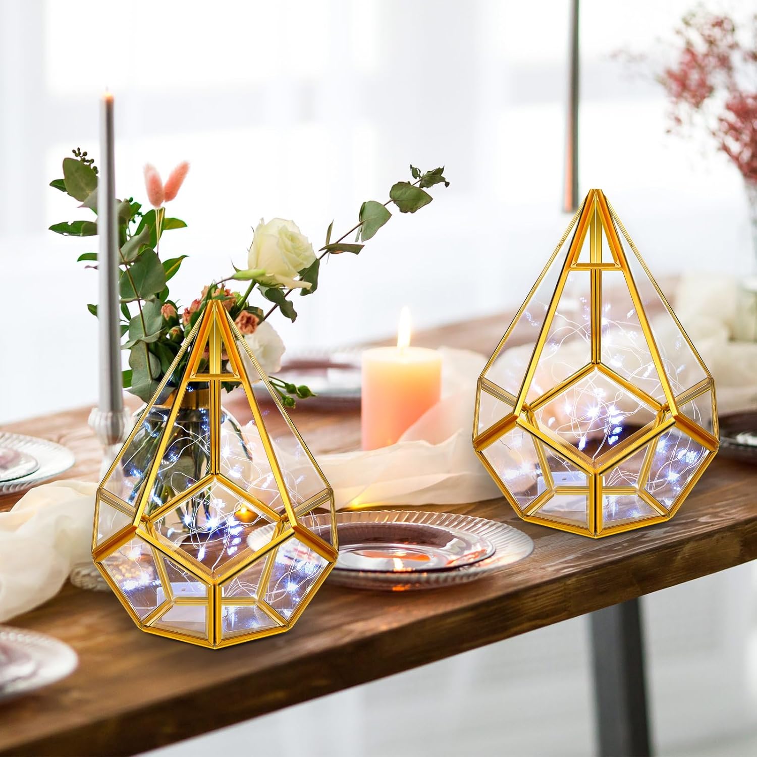 4 Set Gold Geometric Wedding Centerpieces for Table Modern Metal Gold Lanterns Glass Centerpiece with Fairy Lights for Home Wedding Table Decorations