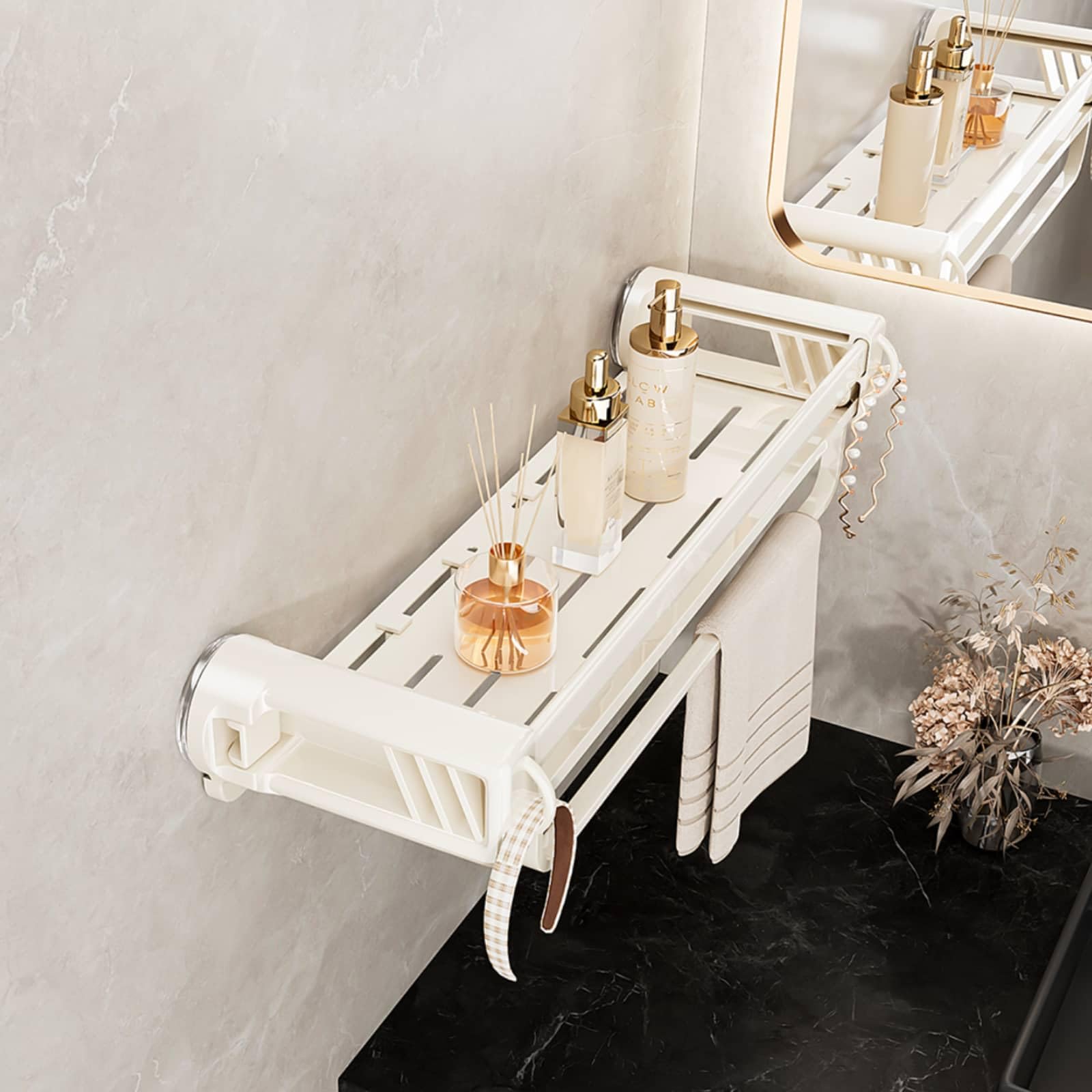 PetPhindU Shower Caddy Suction Cup Concealed Suction Cup Shower Shelves with Hooks Towel Bar NO-Drilling Shelf for Bathroom