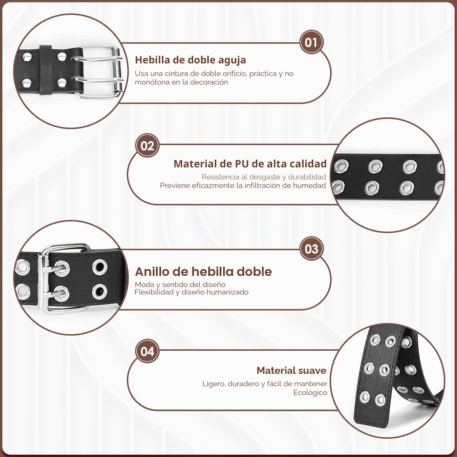 2 Piezas Cinturón para Niña, Cinturones de punk rock para hombres y mujeres, Cinturón de Cuero de PU Moda, Accesorios de Vestir, Cinturón de Doble Ojal, para jeans, pantalones, rockwear