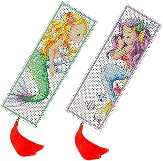 2 Pack Mermaid Counted Cross Stitch Bookmarks Kits Two Side Bookmarks Cross Stitch kit Counted 18ct Plastic Canvas Needlework Embroidery Craft kit Blank Plastic Embroidery Canvas Kit 18x6cm