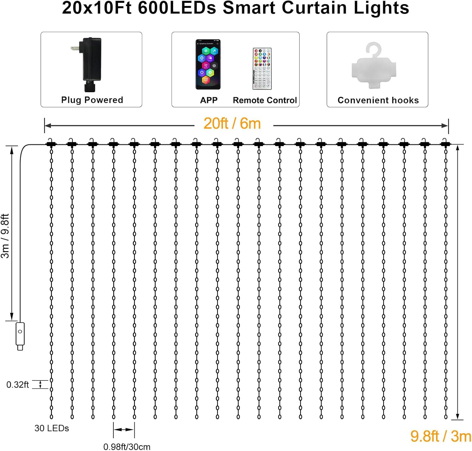 ZAIYW WiFi Smart RGB Color Changing Curtain Lights - 600 LED, Compatible with Alexa, App Control, Music Sync, Plug in for Christmas Wedding Outdoor Decor