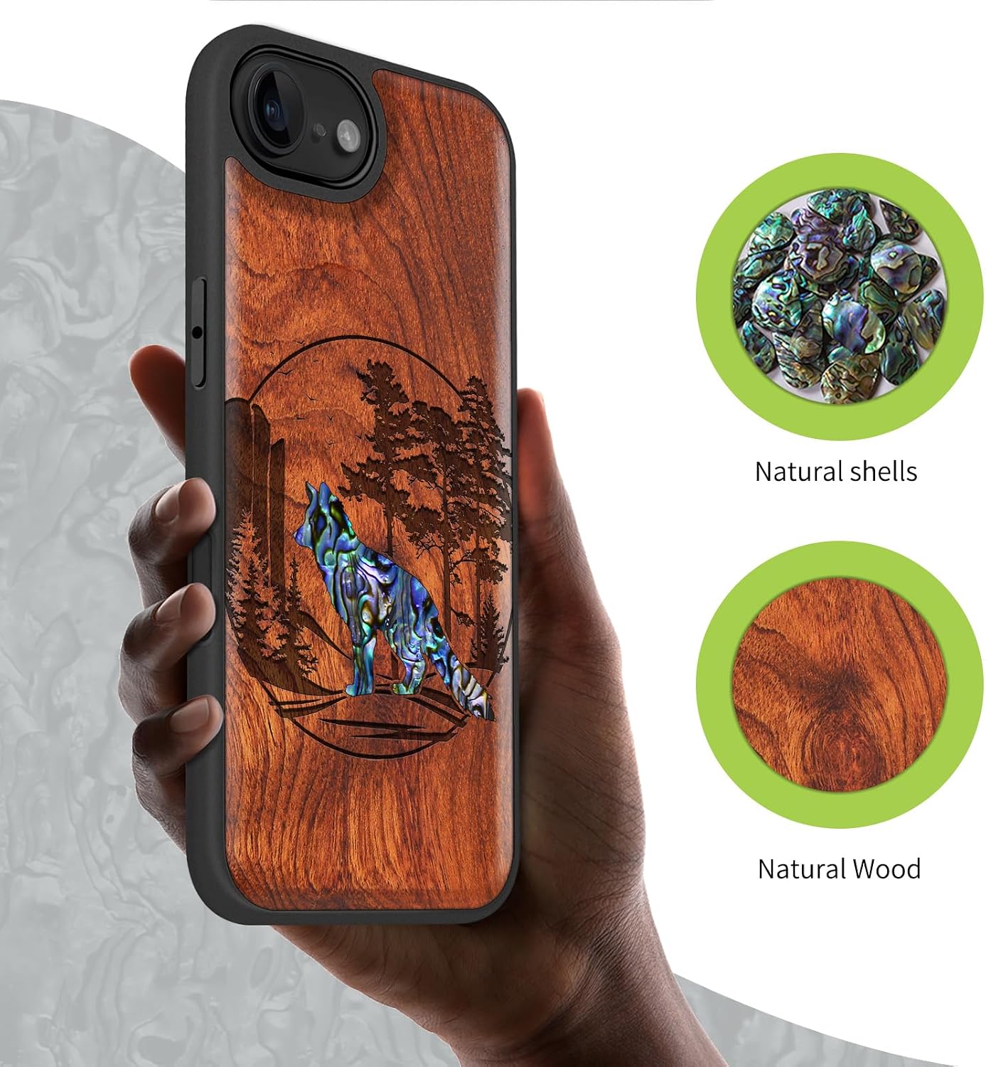Carveit Magnetic Wooden Case for iPhone 16e / 17e, Wood Artisan Engraved & Handmade Shell Inlaid, TPU Shockproof Cover, Compatible with MagSafe Wireless Chargers, Fox and Woods - Rosy