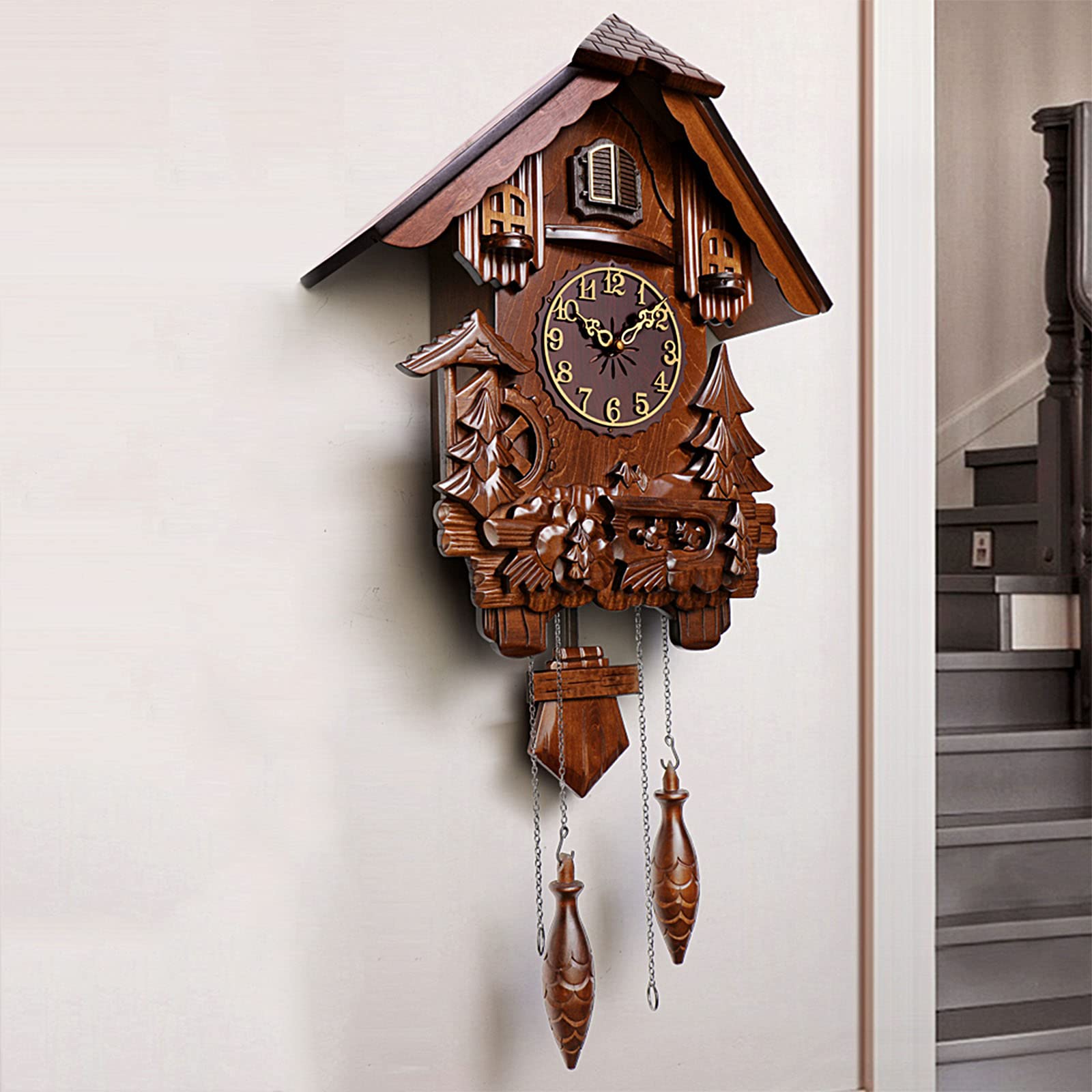 WRJAHCG Cuckoo Clocks,Wall Clock,Cuckoo Clocks for Wall,Solid Wood Carved Cuckoo Clock Vintage Singing Bird,Brown Home Decor Waterwheel,Trees,Pine Cones