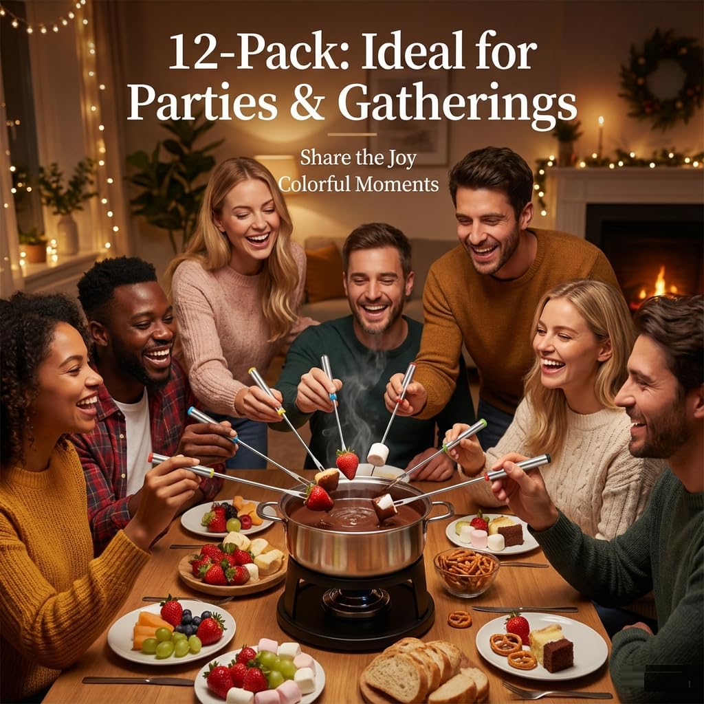 12PCS 9.5 Inch Color-Coded Stainless Steel Fondue Forks - Heat-Resistant Handle for Cheese Fondue, Chocolate Fountain, Smores, Marshmallows, Fruits & Desserts