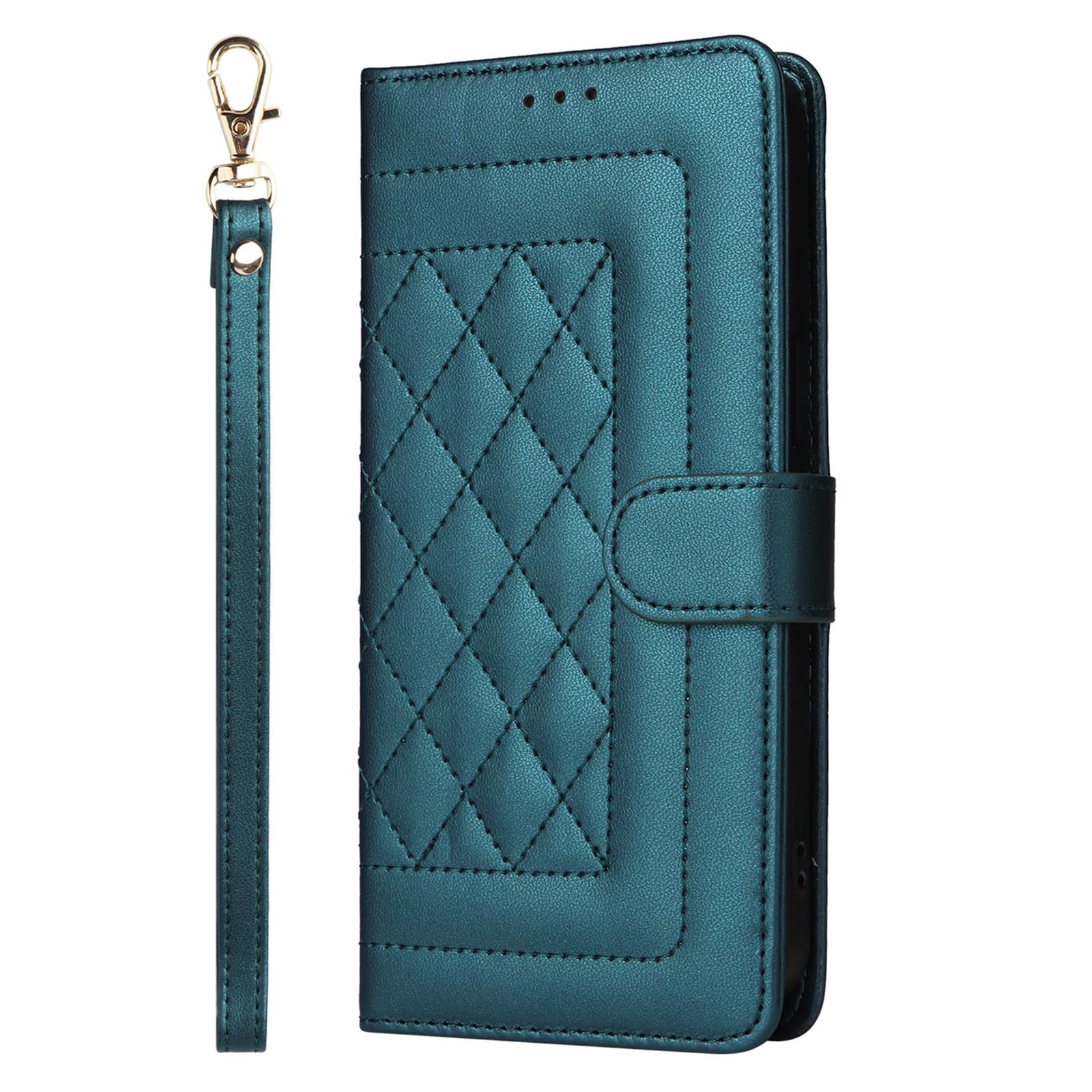 XYX Wallet Case for iPhone 13 6.1 Inch, Leather Flip Folio, Card Holder, Shockproof, Kickstand, Wrist Strap Lanyard, Dark Green