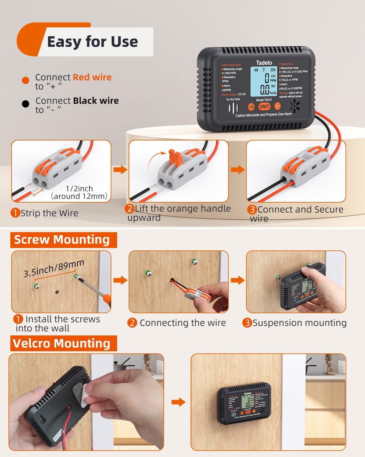 Wiring instructions for Tadeto RV Gas Alarm