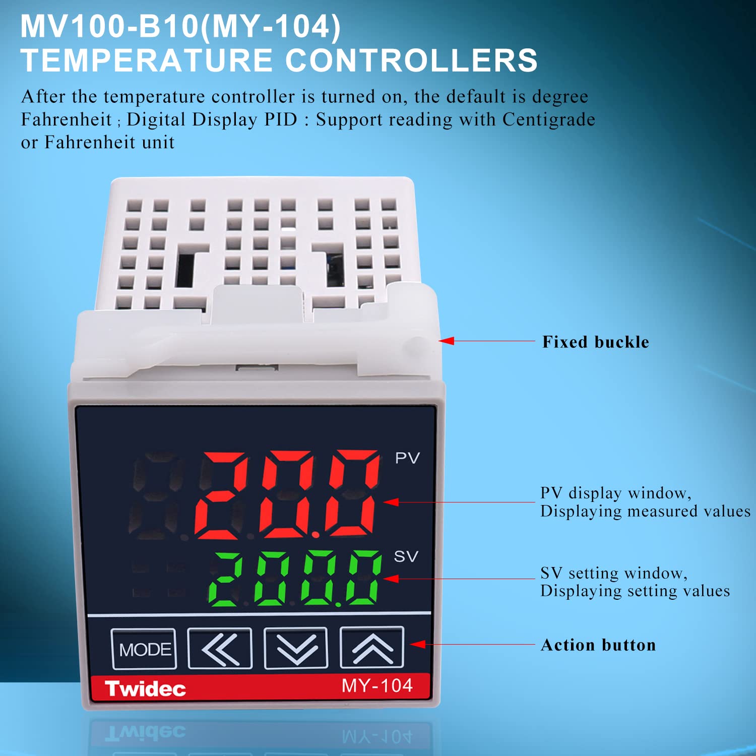 Twidec/MV100-B10 Digital Display PID Temperature Controllers Thermostat Regulator AC 85V - 265V MY-104+ K Sensor Thermocouple + Heat Sink and Solid State Relay SSR 25 DA