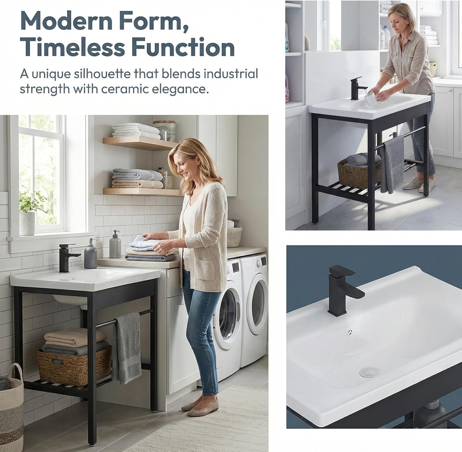 Freestanding Bathroom Console Sink, Bathroom Vanity with Sink, 28.3" x 19" x 32.3" Ceramic Console Sink Set With Bracket, Utility Sink for Laundry Room, Washing Room, Garage, Basement, Outdoor, Indoor