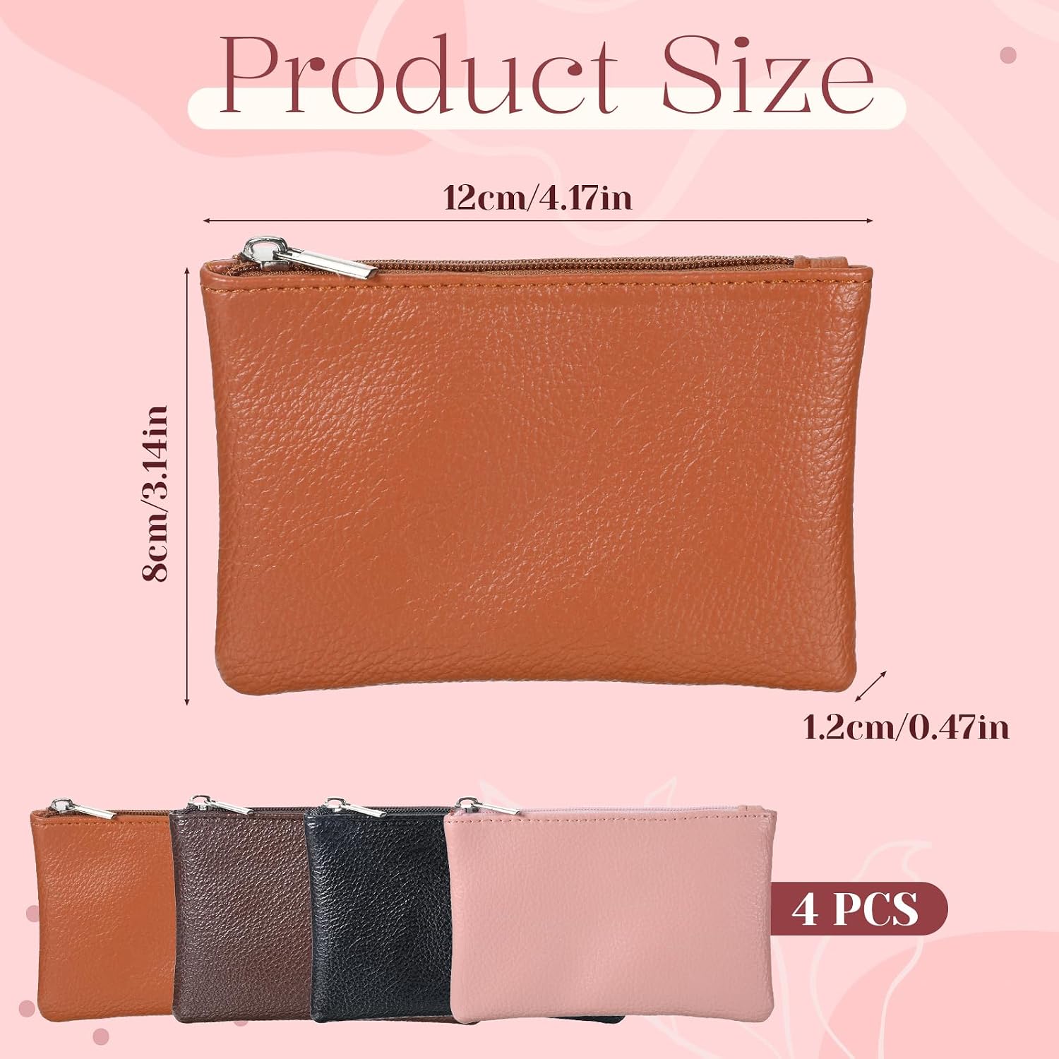 4Pcs Mini Coin Pouch, PU Leather Zipper Coin Pouch Portable Change Purse for Women (Pink, Light Brown, Coffee, Black)