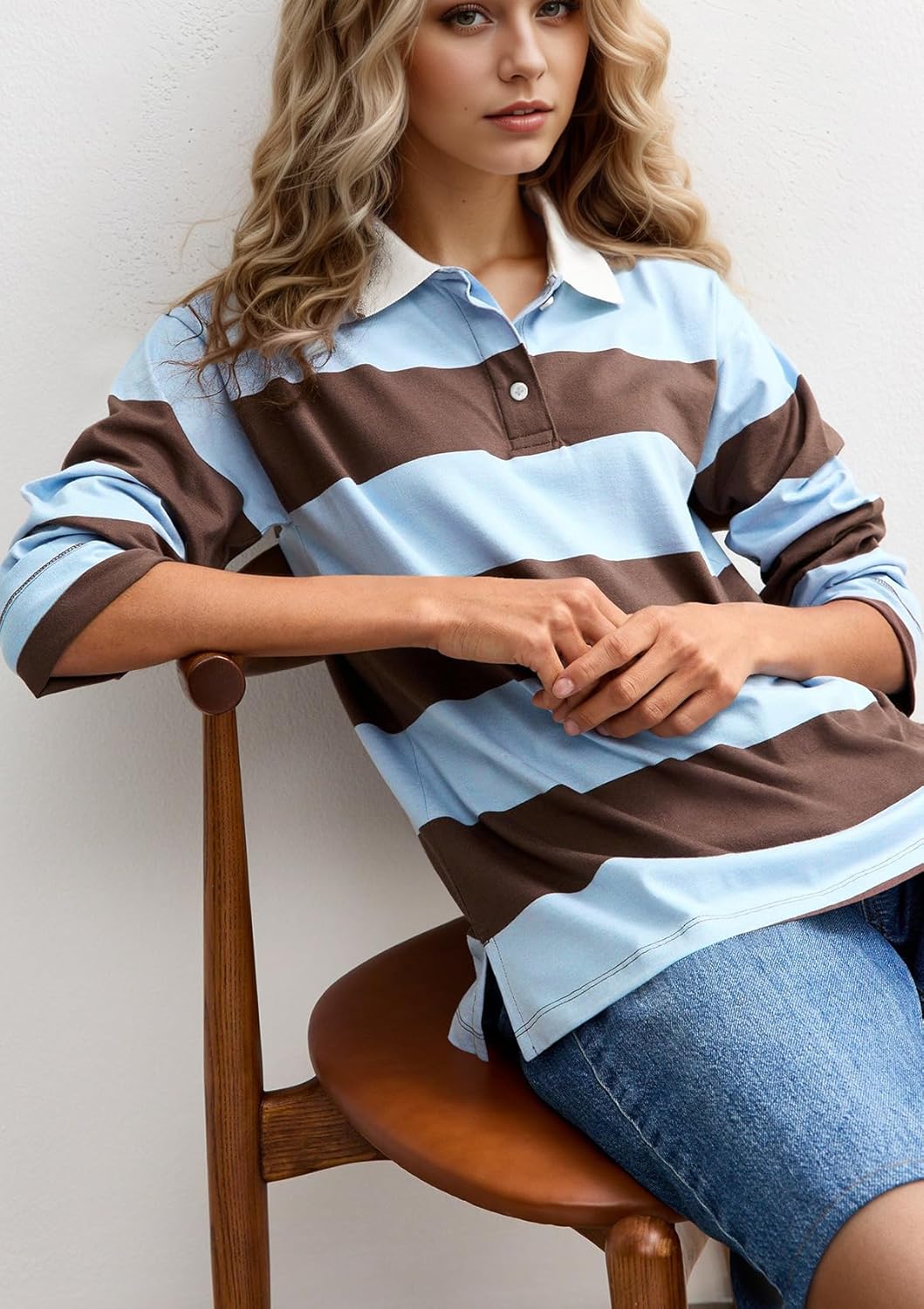 Rugby Striped Polo Shirt for Women Long Sleeve Lapel Collar T Shirt Color Block Casual Loose Pullover Tops - Image 4
