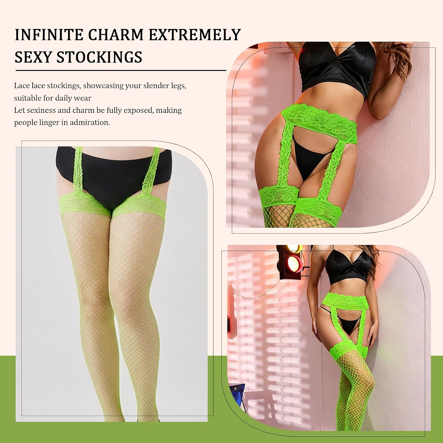 FRENZCOY Fishnet Stockings for Women Sexy Lace Fishnet Thigh High Stockings,Antiskid Garter Belt and Thigh Highs Set