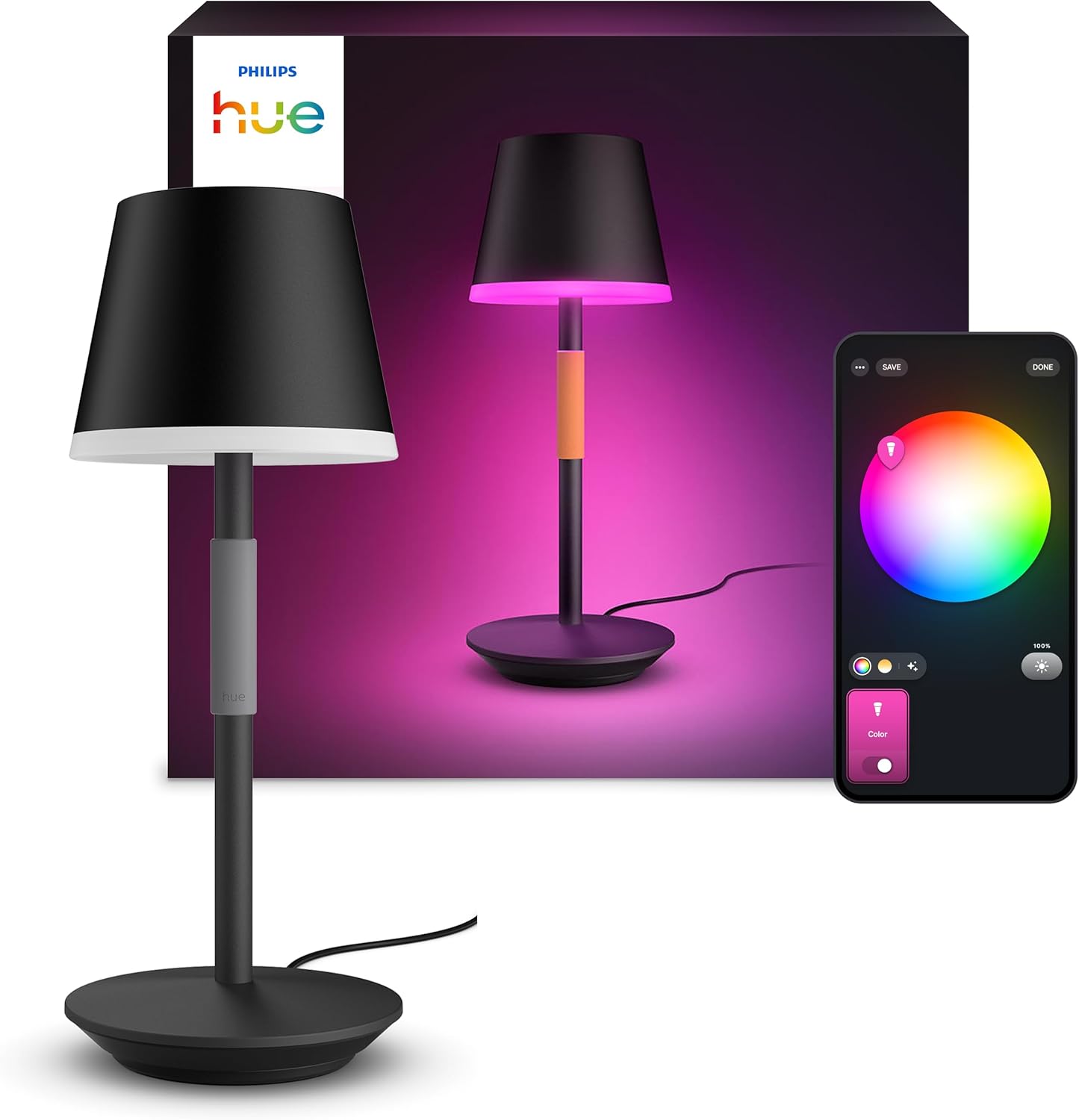 PHILIPS Hue White and Color Ambiance Lampada da Tavolo Hue Go Portable con Luci Smart Bianche e Colorate, Dimmerabile, Lampada da Tavolo Design per Interni ed Esterni, IP54, 6,2W, Nero