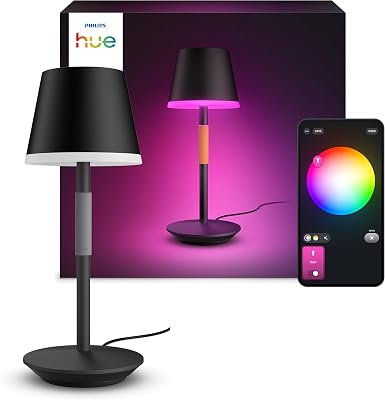 Philips Hue White & Color Ambiance Go Tragbare Tischleuchte (530 lm), dimmbare LED Leuchte für das Hue Lichtsystem mit 16 Mio. Farben, smarte Lichtsteuerung über Sprache oder App, schwarz
