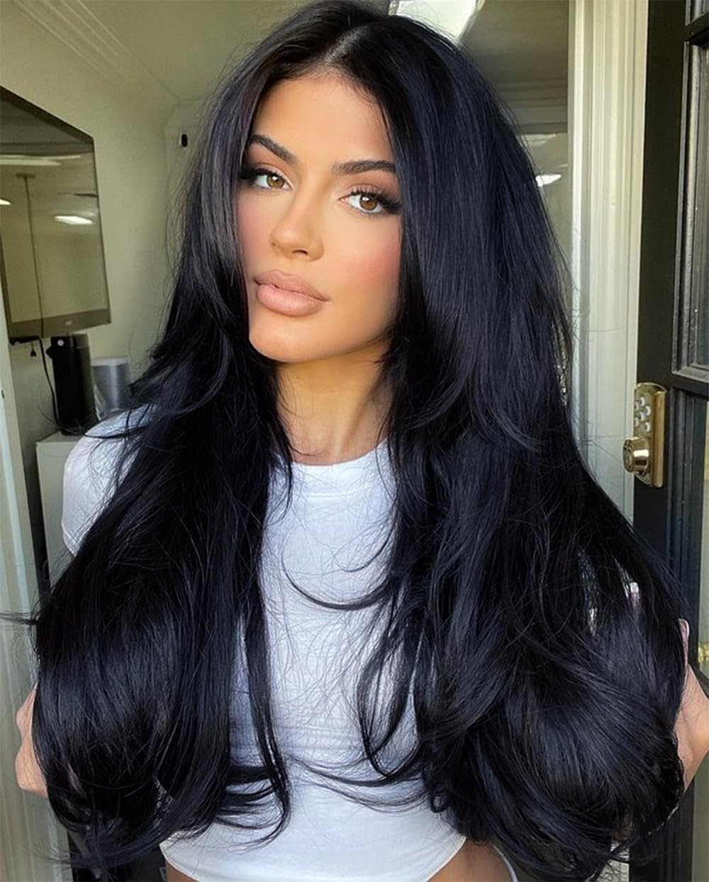 Joedir 28" Long Straight 13x4 Lace Frontal Wigs for Black Women Free Part Lace Front Wigs with Baby Hair Natural Hairline Black Root Easy-360 Synthetic Hair Wig Heat Resistant Fiber (Jet Black)
