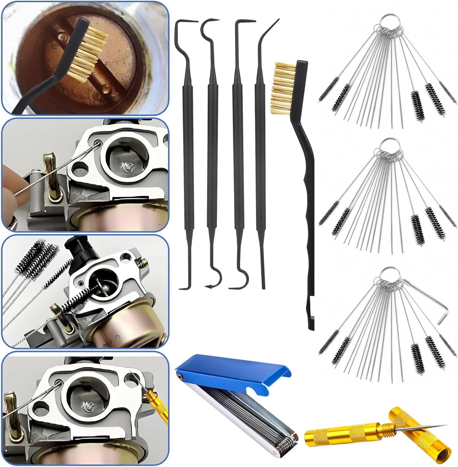 10Pcs Carburetor Cleaning kit Tool, Professional Carb Jet Cleaning Kit Tool & Welding Tip Cleaner with Stainless Steel Needles, Brushes & Hooks for Motorcycle ATV Chainsaw & Welder