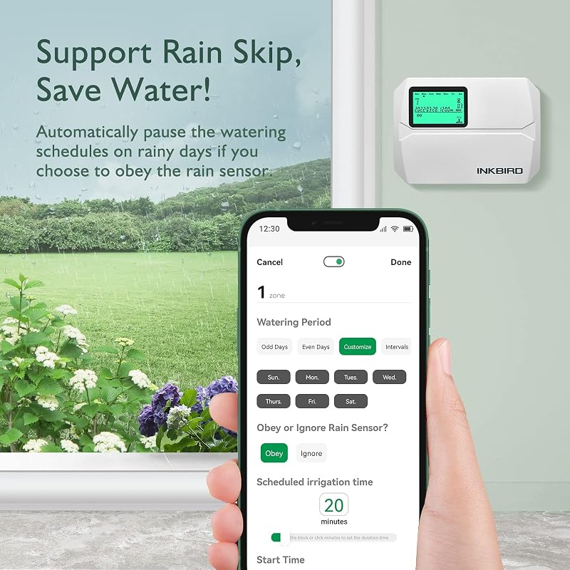 Inkbird IIC-800-WIFI Öntözésvezérlő, 8 Zónás Programozható Öntözőrendszer, Időjárásálló Burkolattal, Esőérzékelő Funkcióval és Szezonális Be