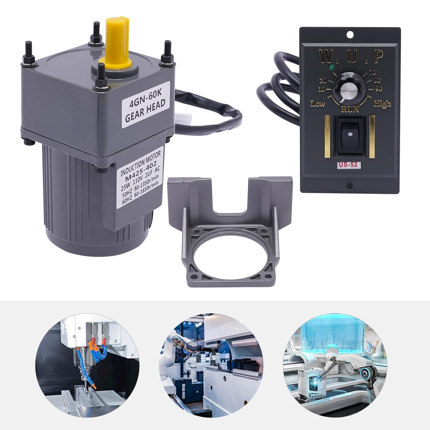 AC High Torque Motor 25W 110V 50/60HZ Variable Speed Motor with Controller, 90-1350rpm AC Gear Motor High Torque with Speed Controller, Electric Single-Phase Motor (25W 60K)
