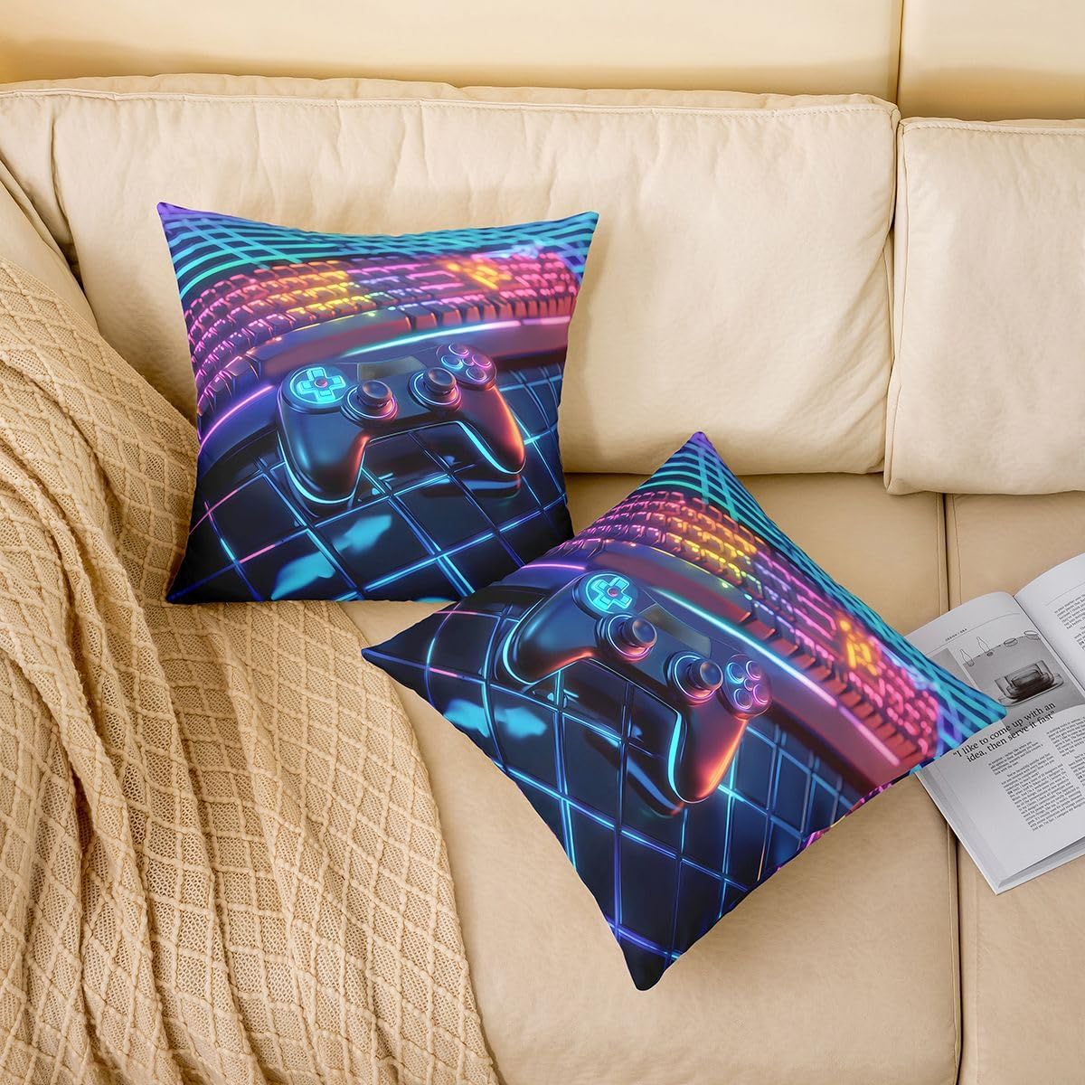 Castle Fairy Gamepad Kids Throw Pillow Cover,Gaming Keyboard Grid Double Sides Pillow Case,Neon Video Games Home Decor,Black Blue Bed Couch Sofa Cushion Cover,2 Pack 16"x16" image 2