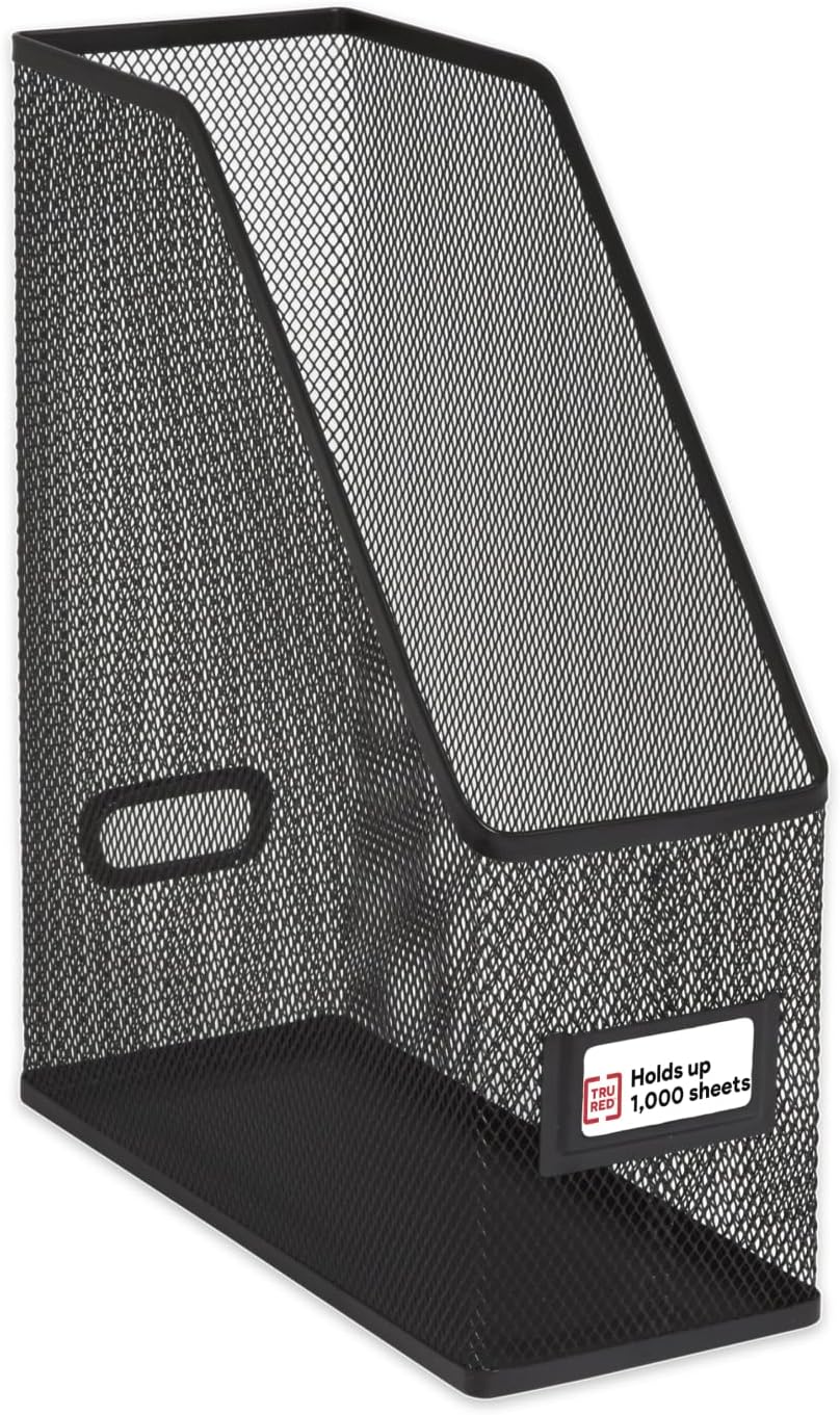 Staples TRU RED Metal Magazine File Organizer, Black - Top - Loading Desktop File Holder with Handle, Holds Up to 1000 Sheets