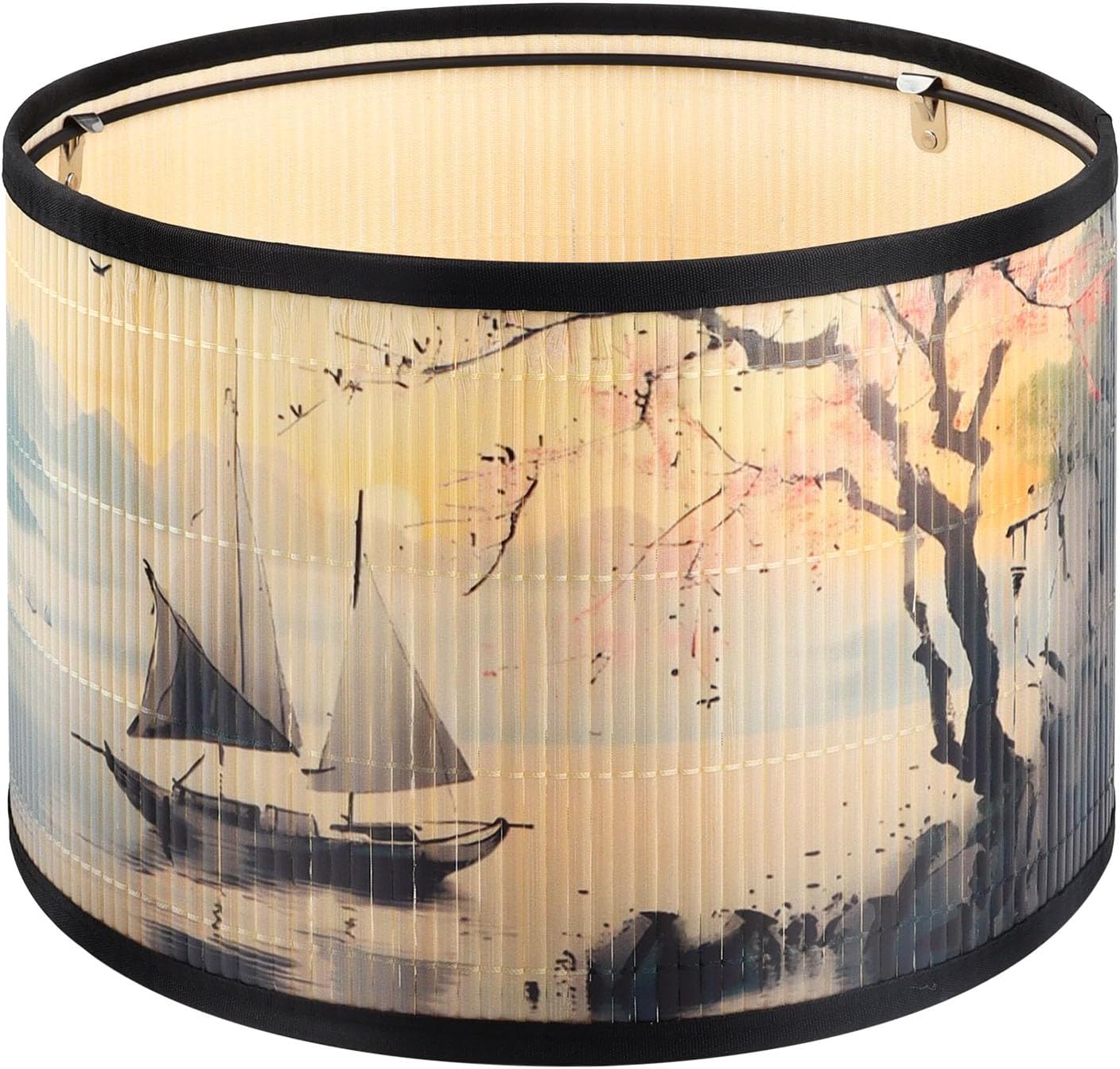 GES Natural Bamboo Drum Lamp Shade 11.8×11.8×7.9In Clip On Table Light Cover, Floral Print Lampshade for Bedroom Living Room, Chandelier Replacement Shade