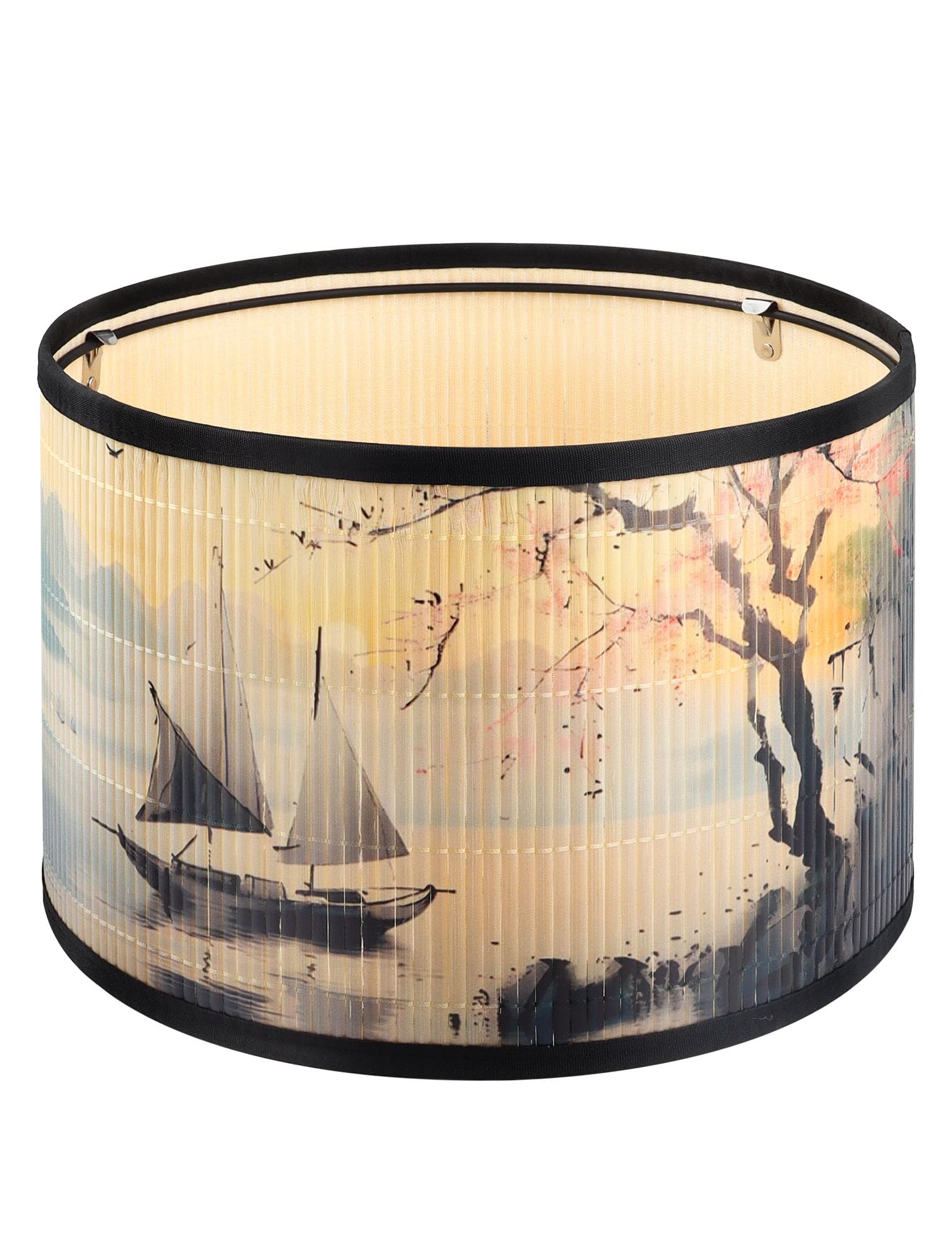 Bambus-Lampenschirm Trommelform mit Blumendruck - Leichter Klickverschluss für Tischlampe, Schlafzimmer & Wohnzimmer - Mittelgroß (Durchmesser 30cm) (Typ C)