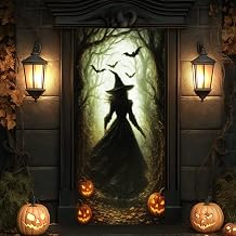Halloween Decorations Door Cover, Large Vintage Scary Witch Pumpkin Forest Spooky Halloween Door Banner Bathroom Porch Door Backdrop Decor for Parties, Indoor Outdoor Themed Decoration, 35 x 79 Inch